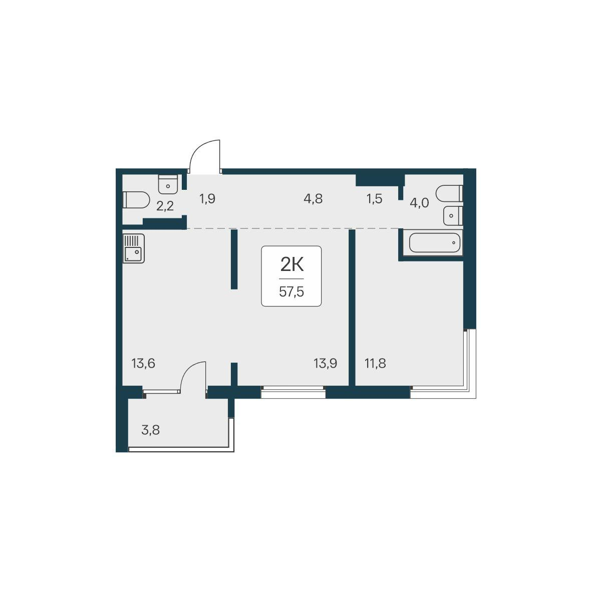 2-комнатная 57 м2 в ЖК Квартал на Игарской корпус null этаж 1