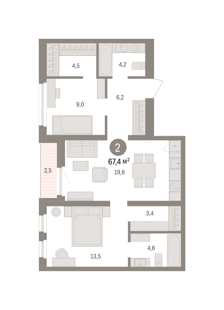 2-комнатная 67 м2 в ЖК Зарека корпус null этаж 4