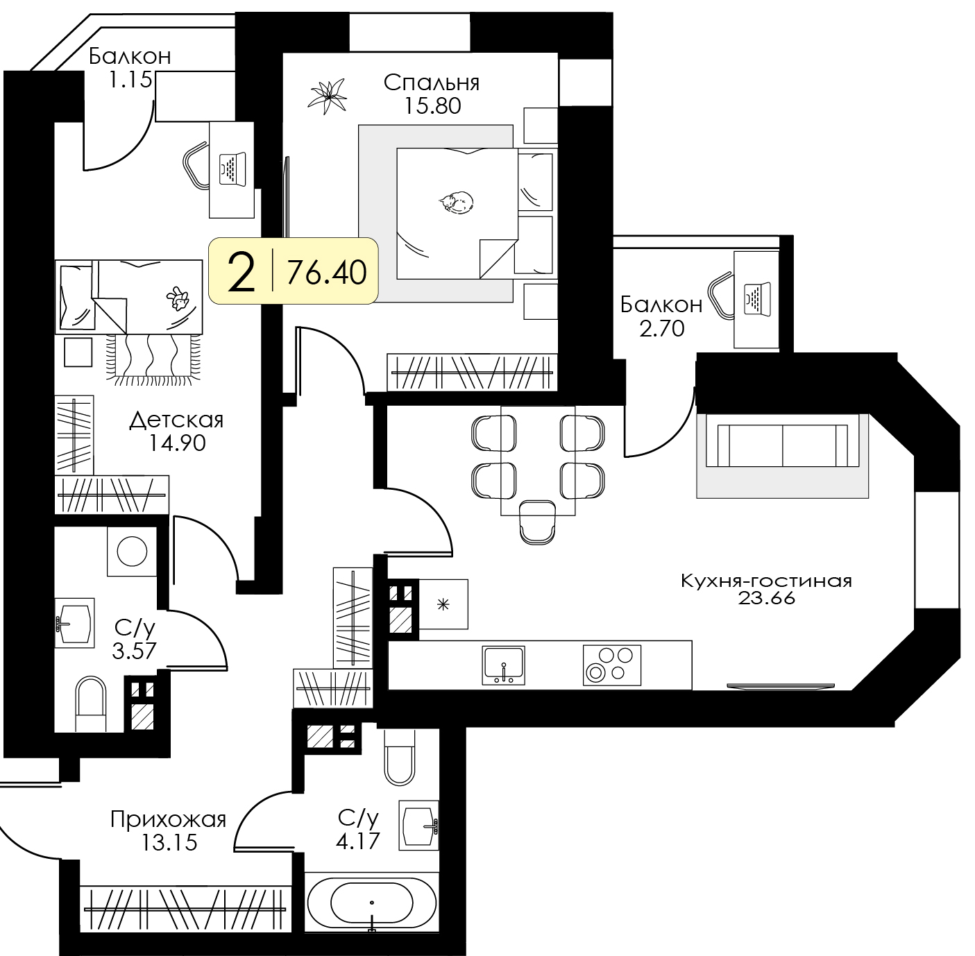 2-комнатная 76 м2 в ЖК Урбан Парк корпус null этаж 14