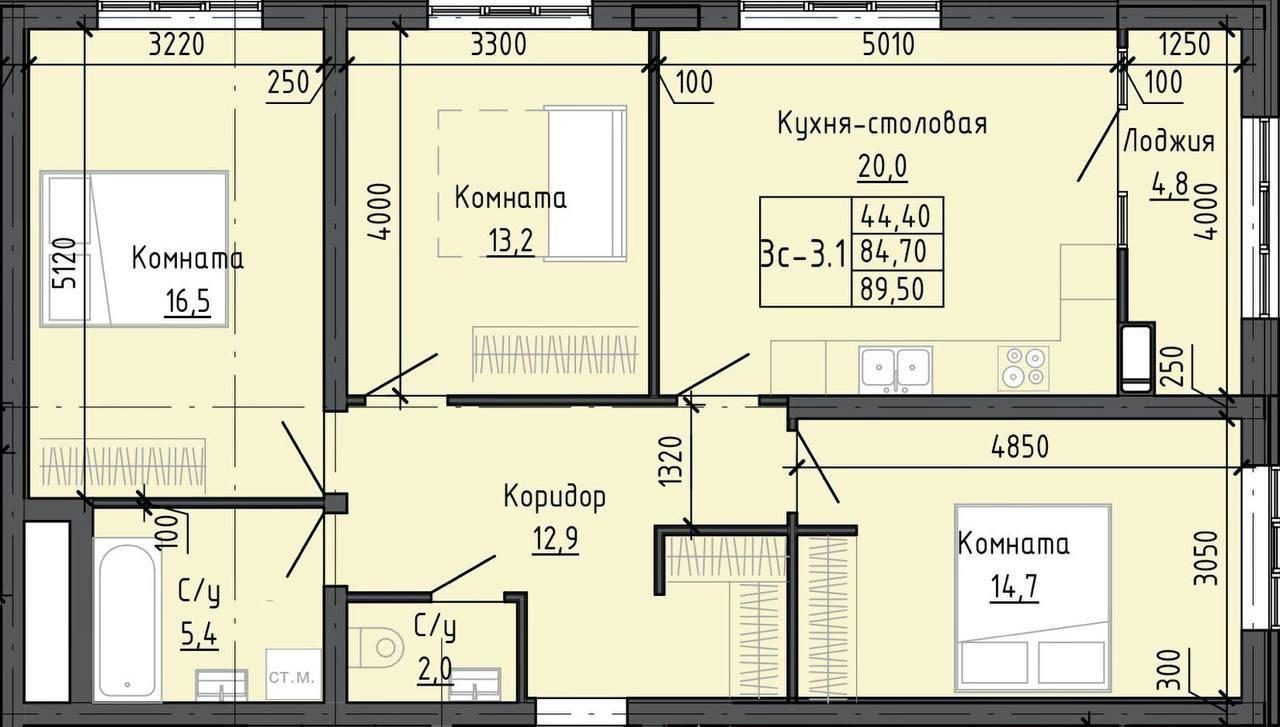 3-комнатная 89.6 м2 в ЖК undefined корпус null этаж 5
