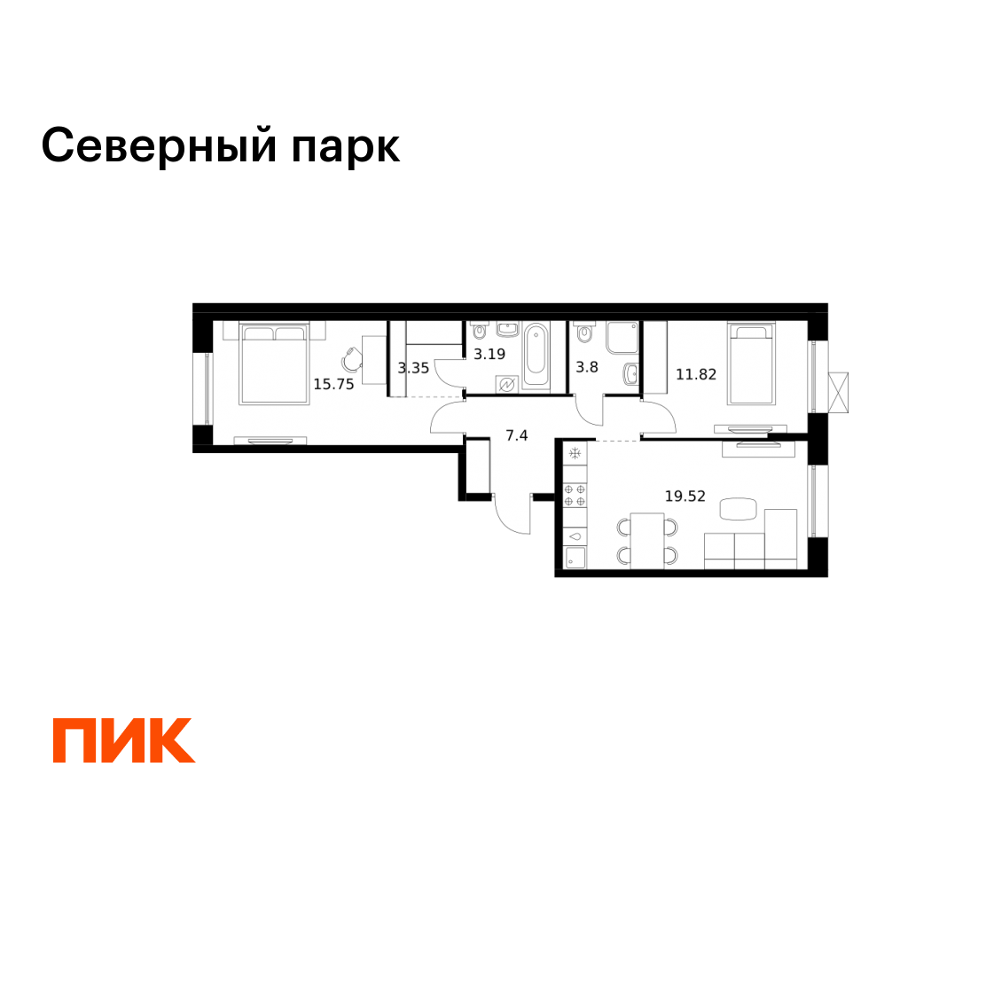 2-комнатная 64 м2 в ЖК Северный парк корпус null этаж 10