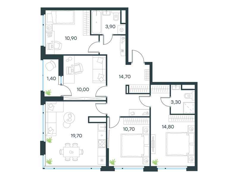 4-комнатная 89 м2 в ЖК Level Лесной корпус null этаж 8