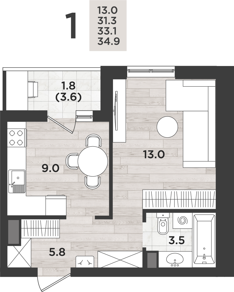 1-комнатная 33 м2 в ЖК Альпенштадт корпус null этаж 14