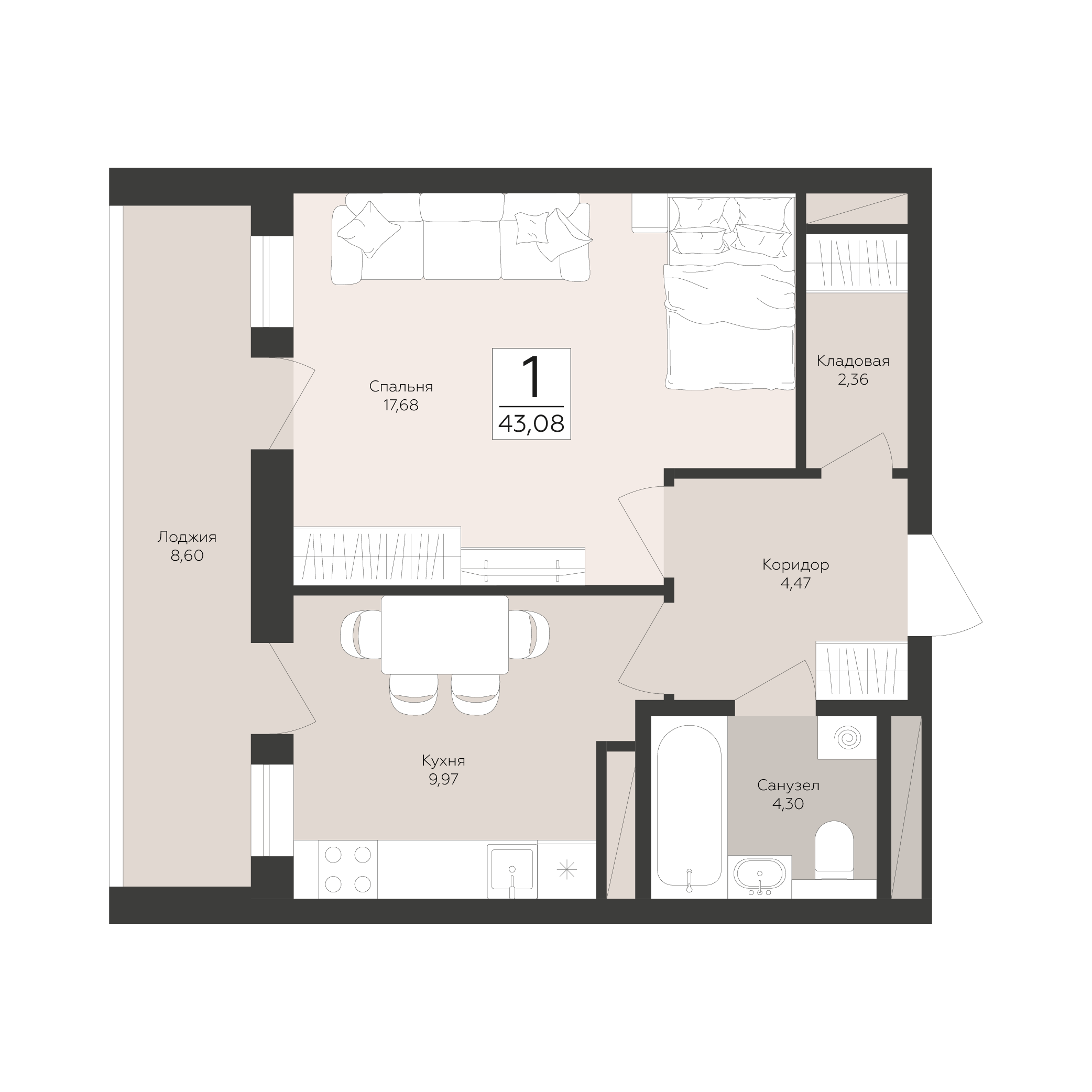 1-комнатная 43 м2 в ЖК Скай корпус null этаж 13