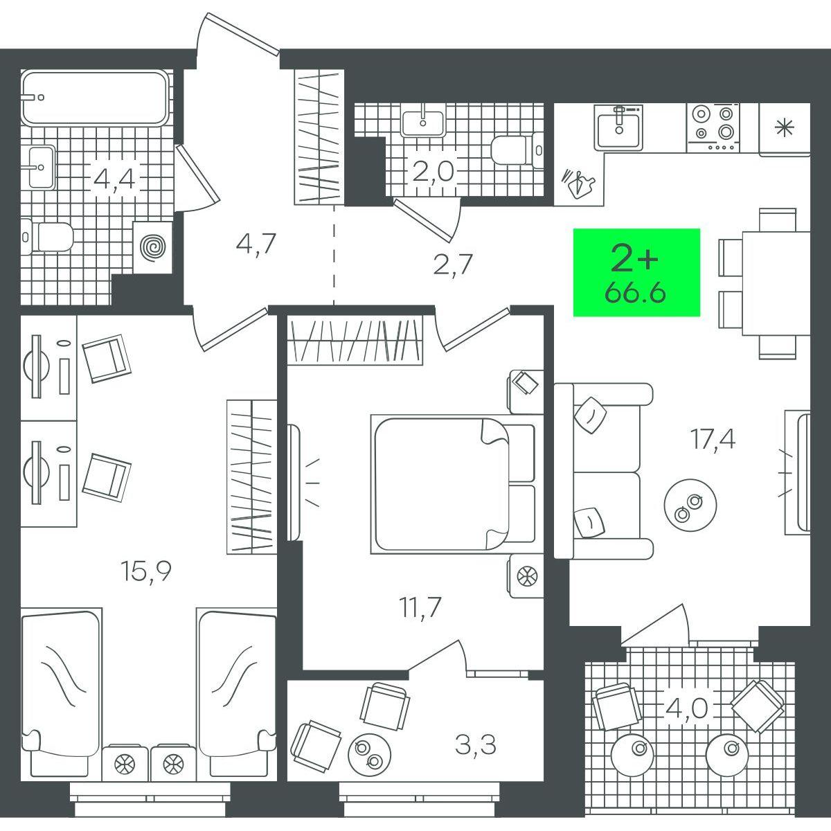 2-комнатная 66 м2 в ЖК Гранд Квартал корпус null этаж 11