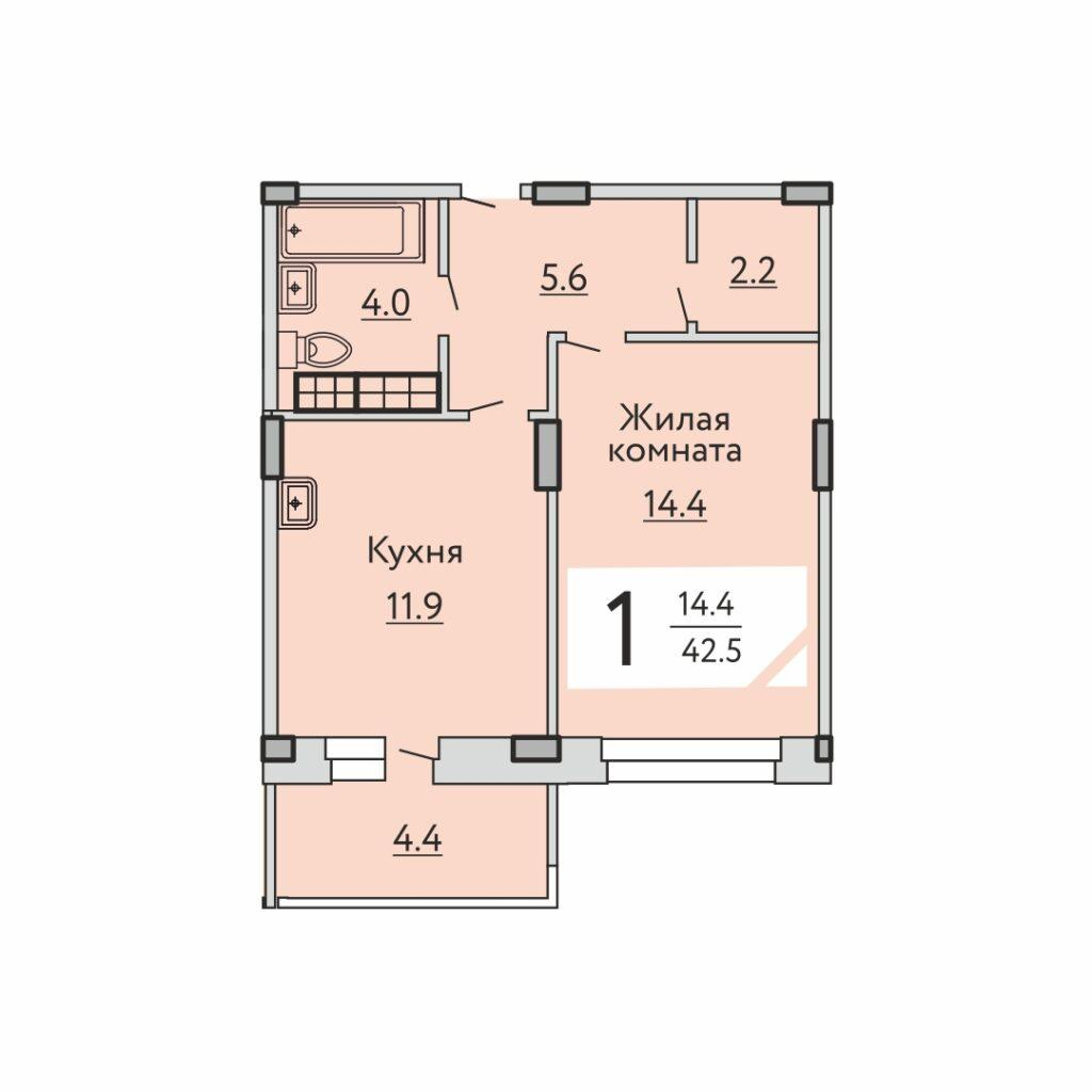 1-комнатная 42 м2 в ЖК Агат корпус null этаж 3