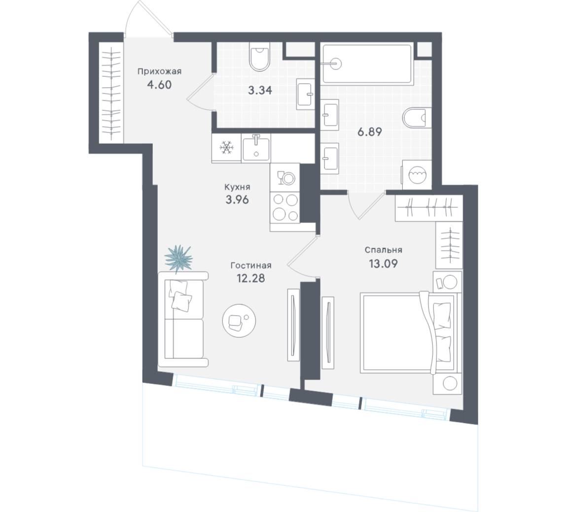 1-комнатная 44 м2 в ЖК Solos корпус null этаж 15