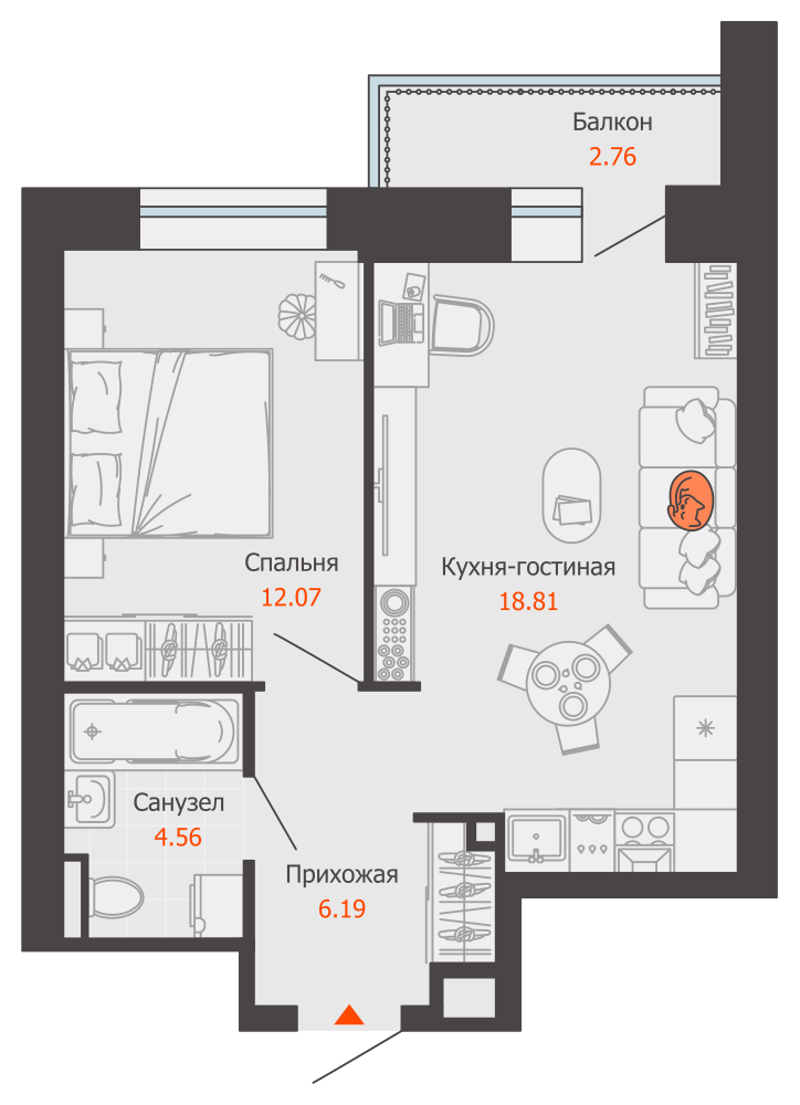 2-комнатная 43 м2 в ЖК Камаполис корпус null этаж 9