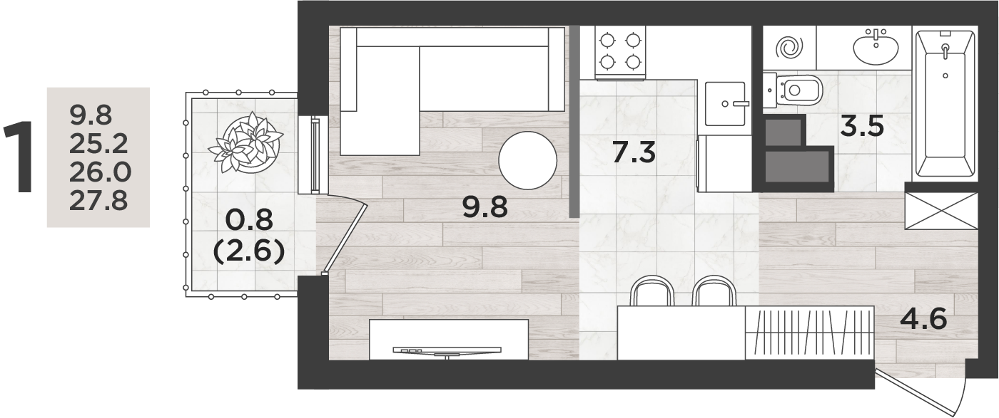 Студия 26 м2 в ЖК Альпенштадт корпус null этаж 14