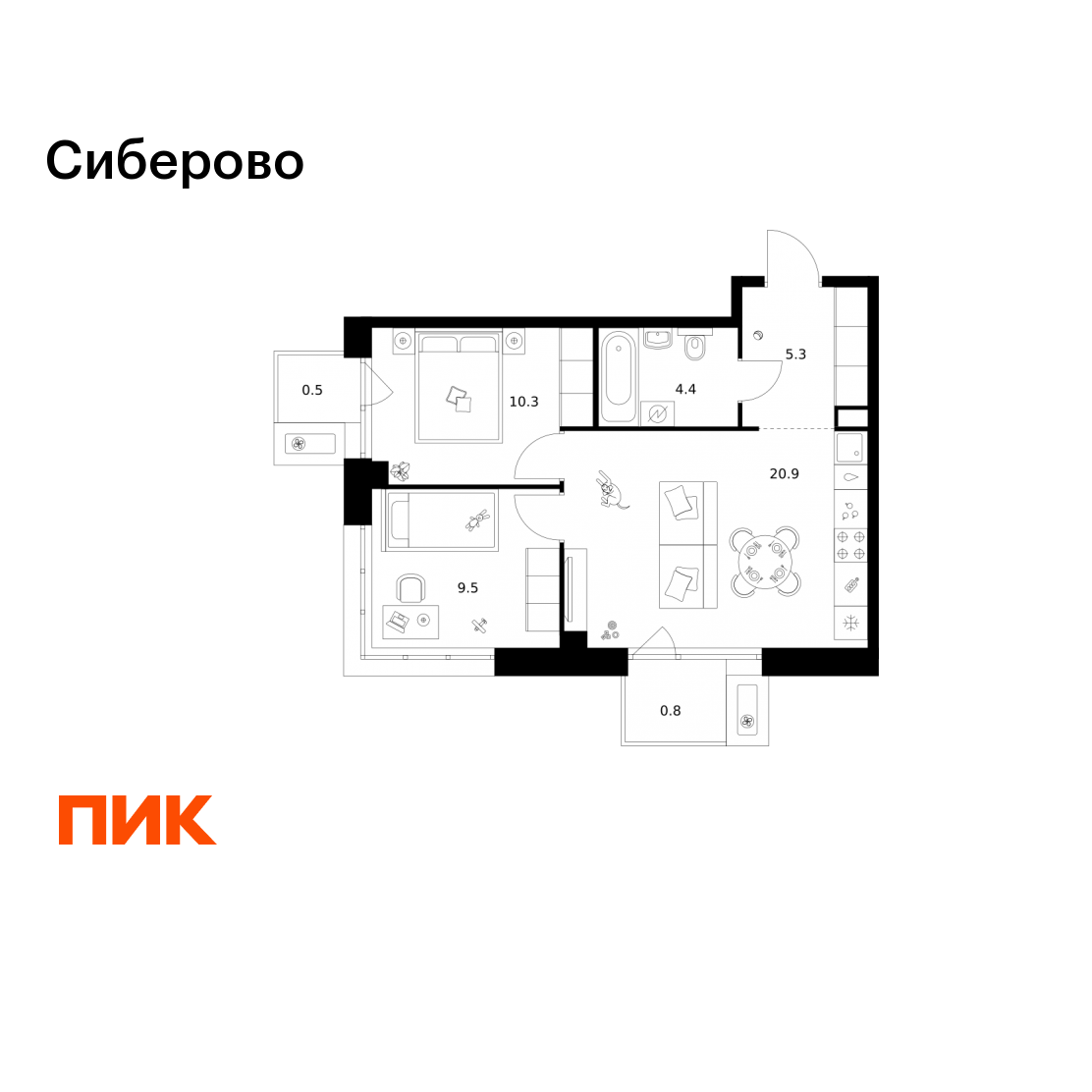 2-комнатная 51 м2 в ЖК Сиберово корпус null этаж 7
