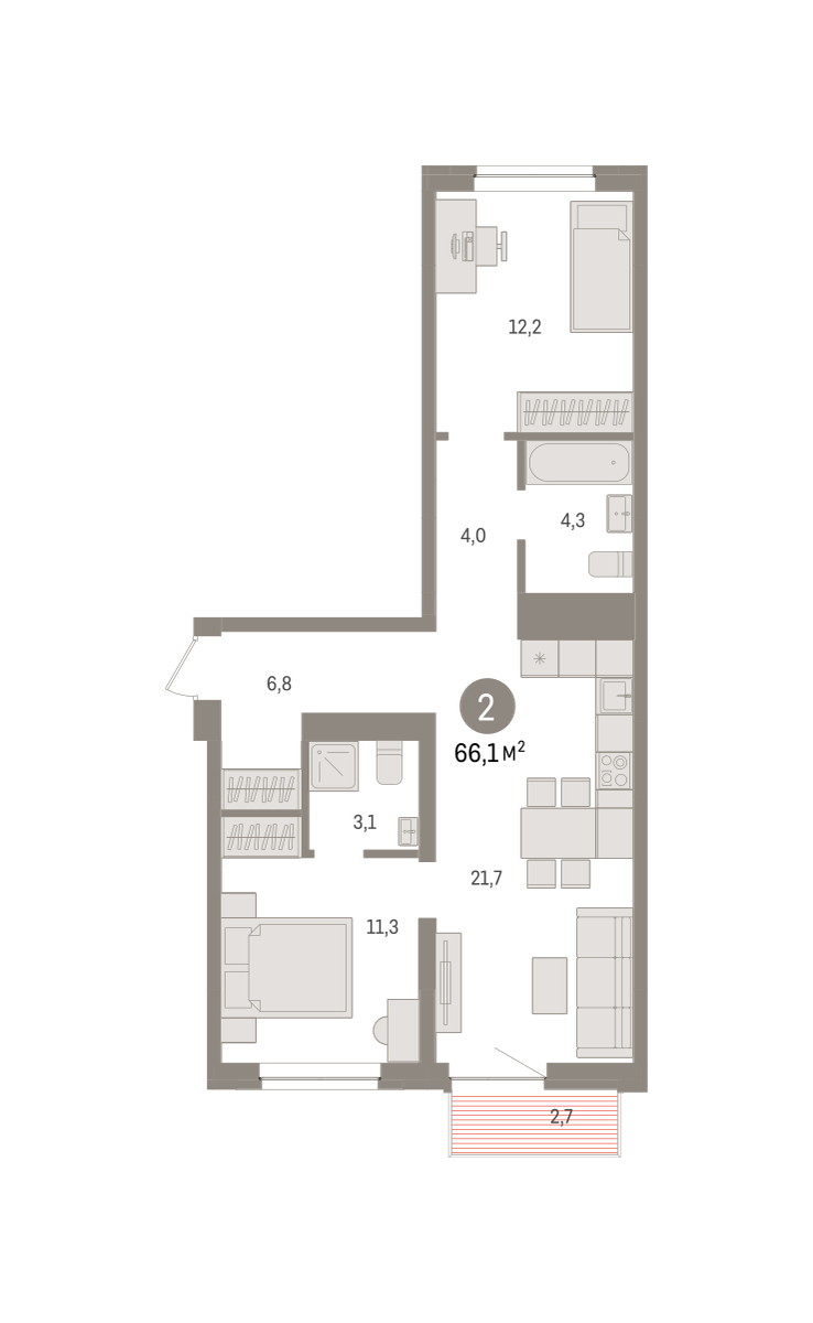 2-комнатная 66 м2 в ЖК Речной порт корпус null этаж 8