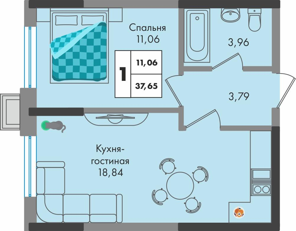 1-комнатная 37 м2 в ЖК Зеленая территория корпус null этаж 5