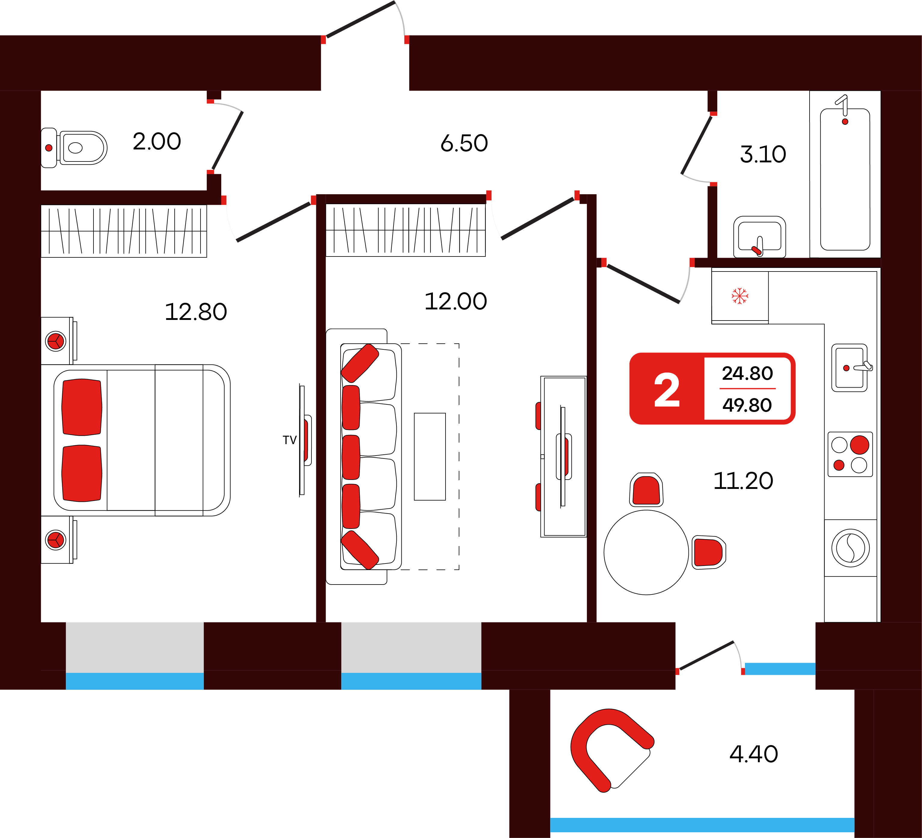 2-комнатная 49 м2 в ЖК Тепло корпус null этаж 5