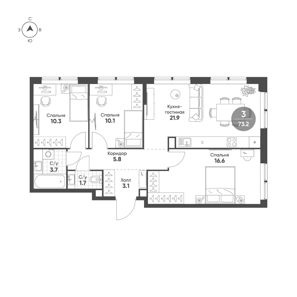 3-комнатная 73 м2 в ЖК Sokolinn Park корпус null этаж 10