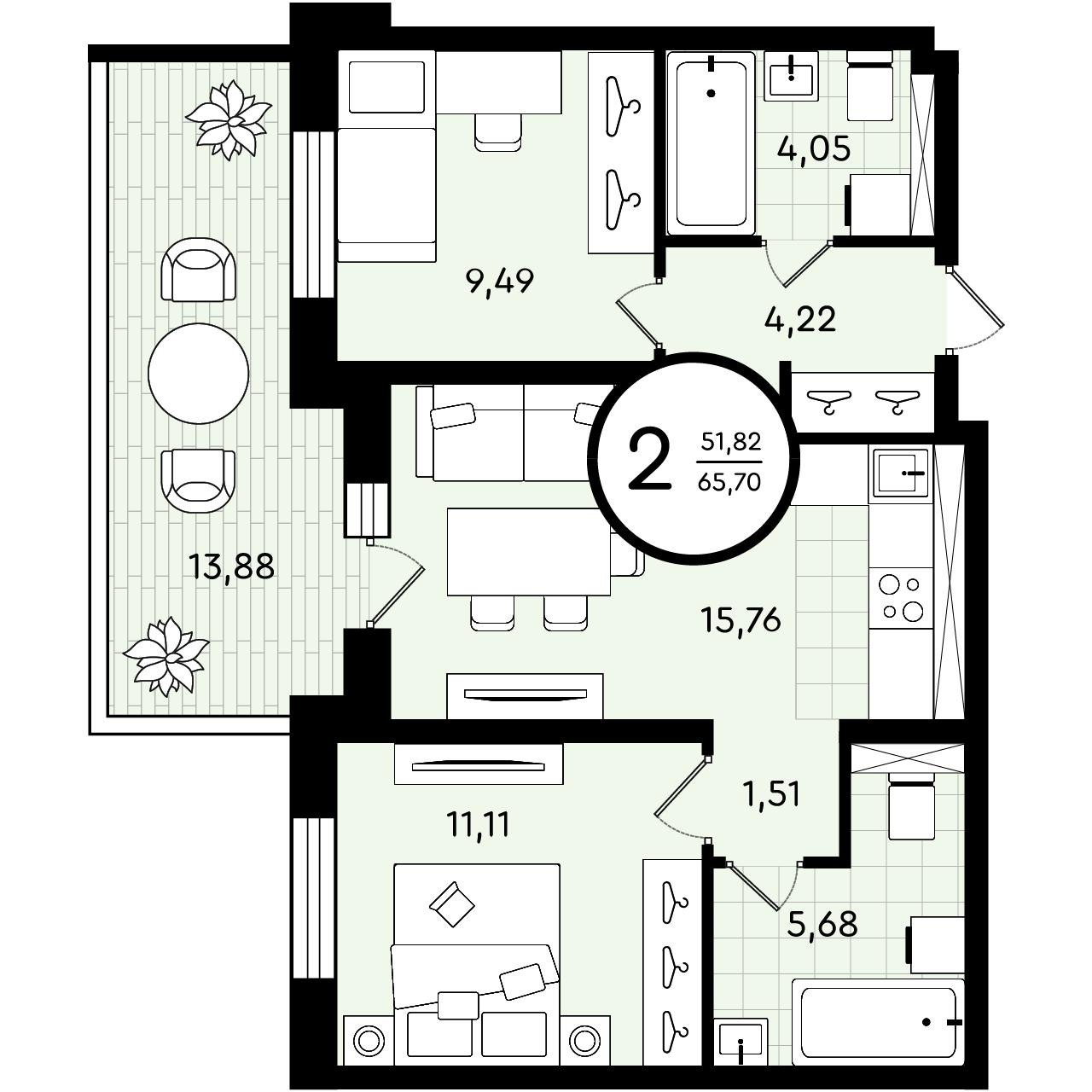 2-комнатная 65 м2 в ЖК Зеленые Аллеи корпус null этаж 1
