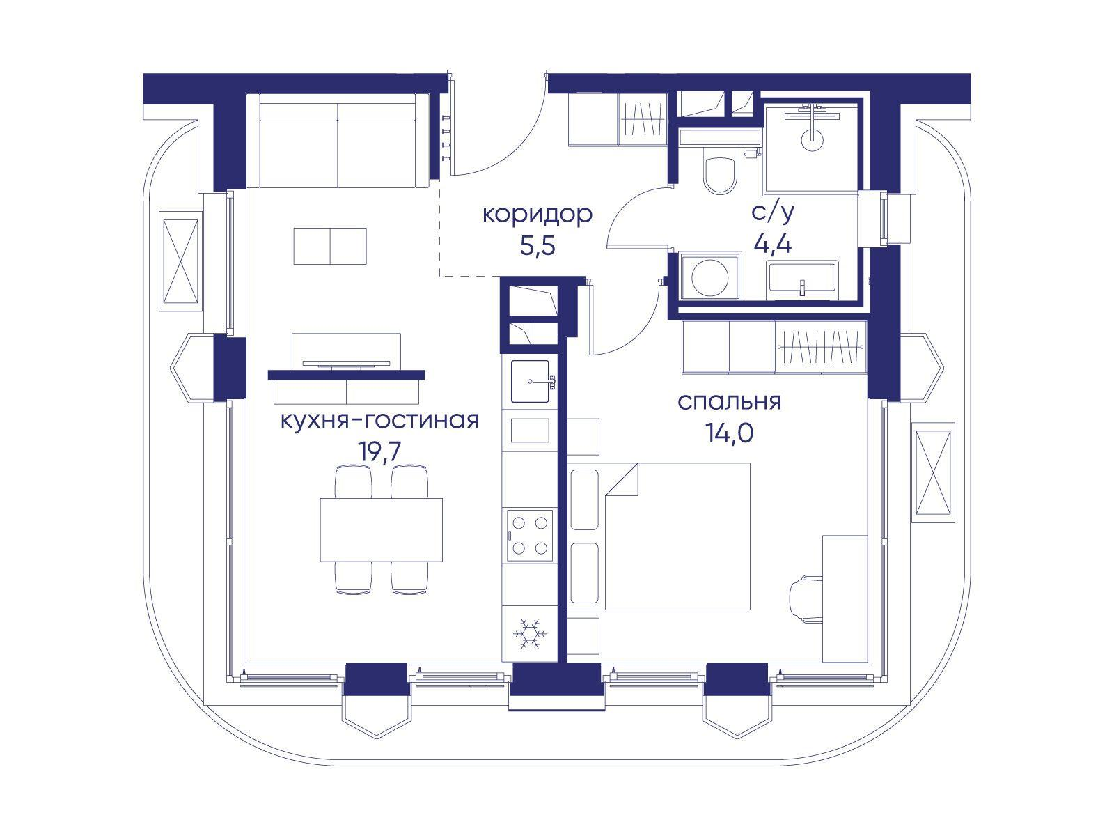 1-комнатная 43 м2 в ЖК Остров корпус null этаж 7