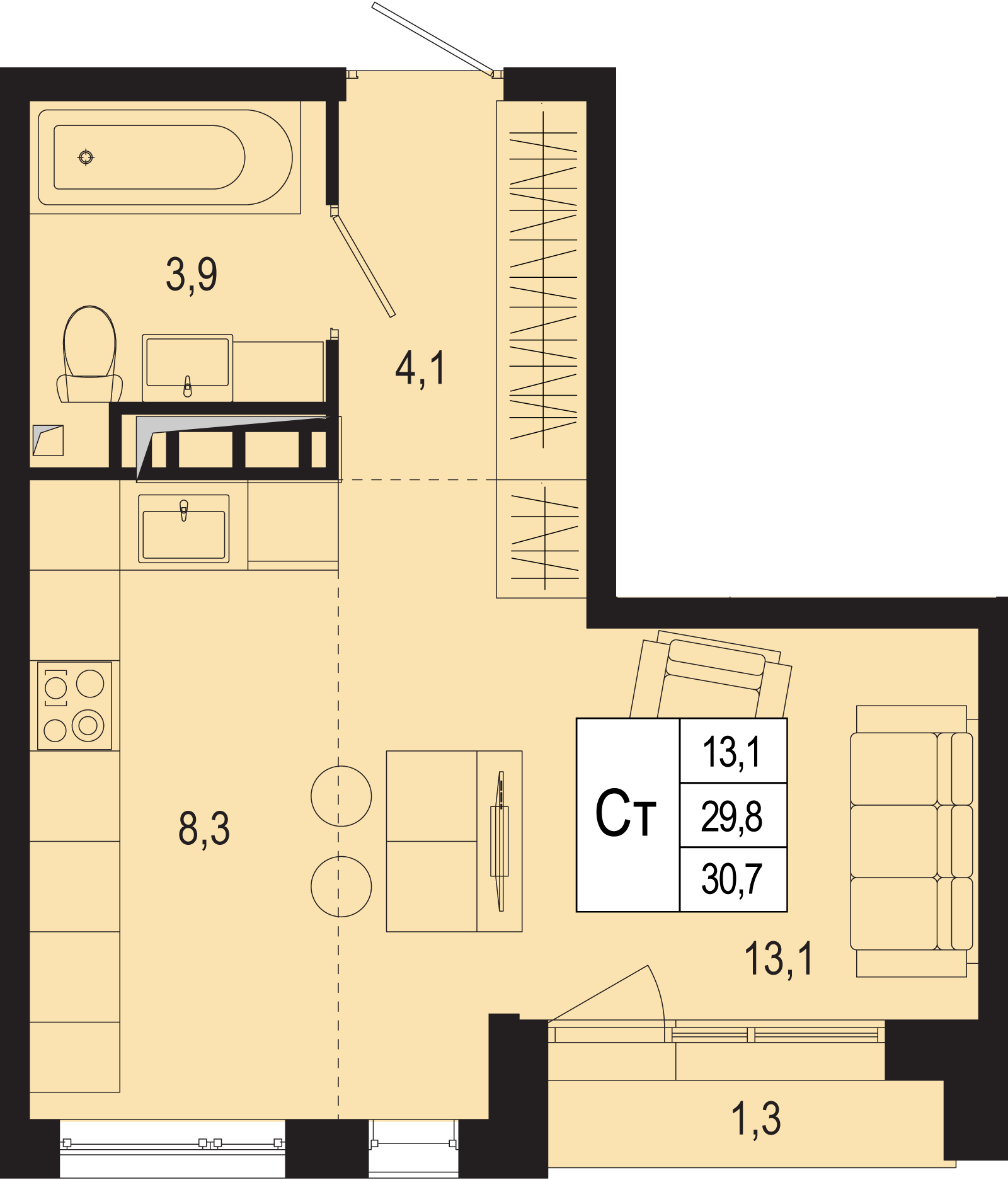 1-комнатная 29 м2 в ЖК Новая Щербинка корпус null этаж 8
