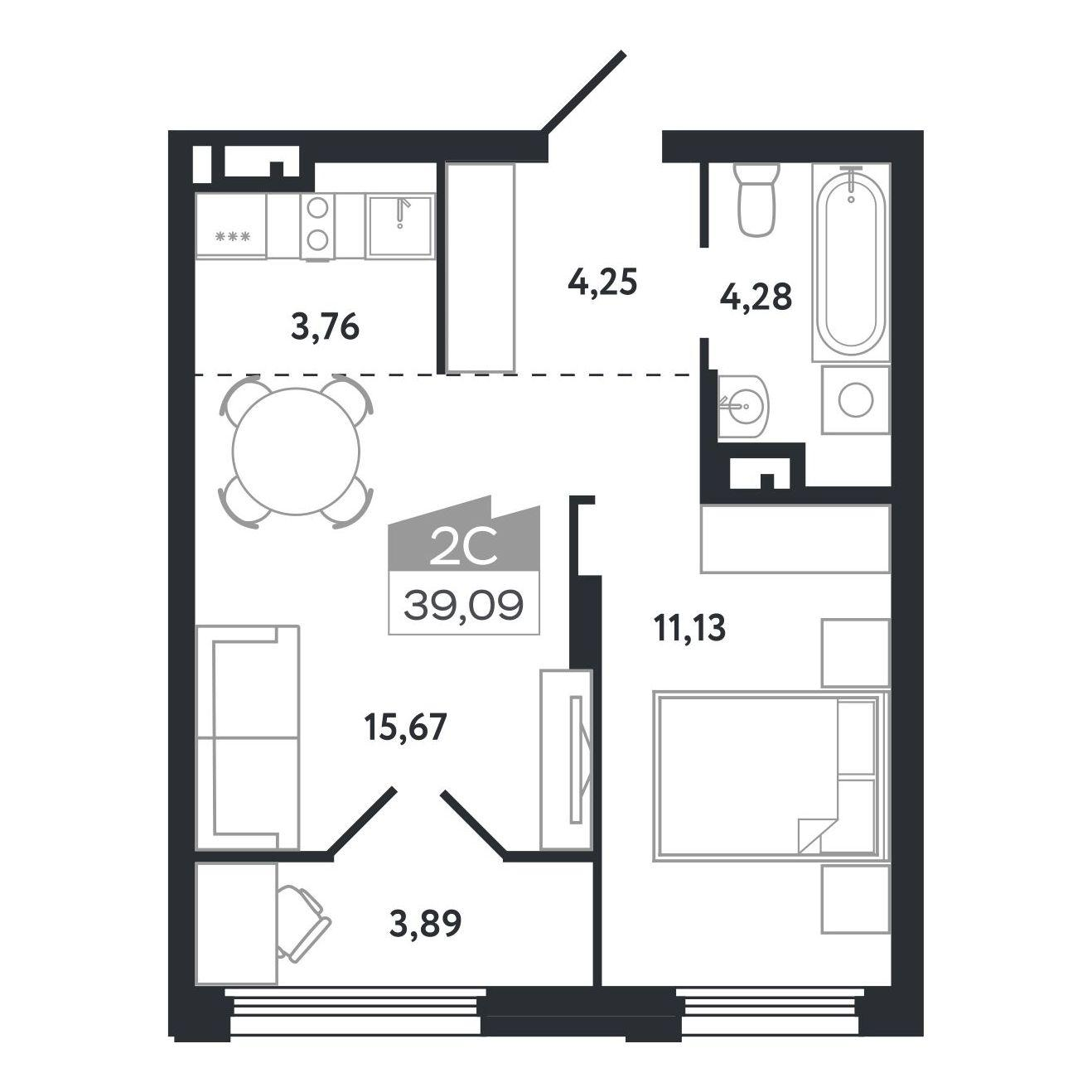 2-комнатная 39 м2 в ЖК Квартал 1604 корпус null этаж 9