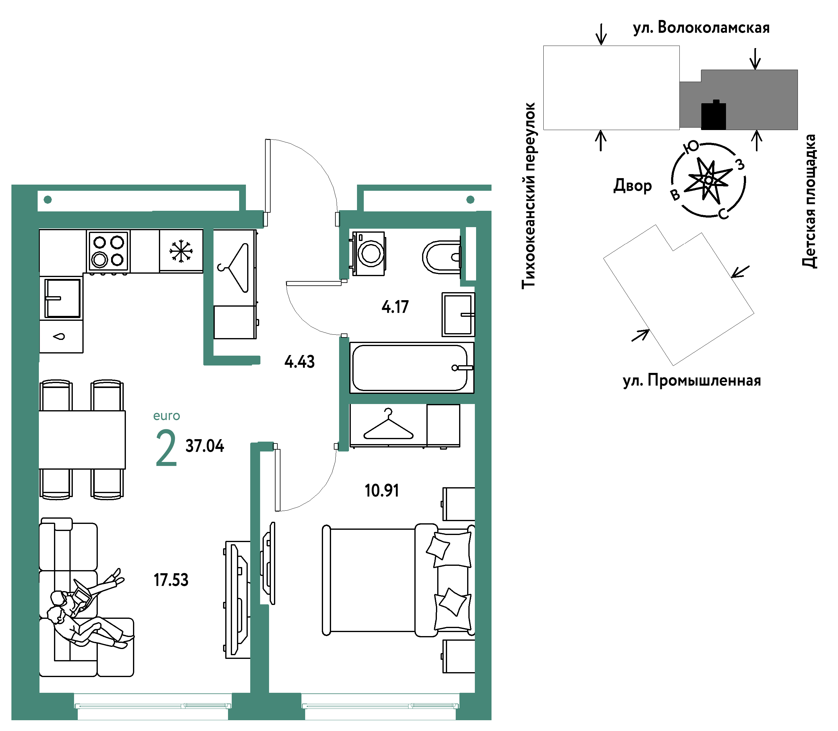 2-комнатная 37 м2 в ЖК Страна.Прибрежная корпус null этаж 13