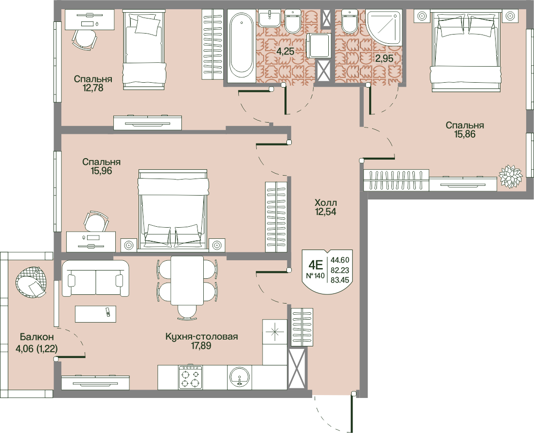 3-комнатная 82 м2 в ЖК Охтинские высоты корпус null этаж 3