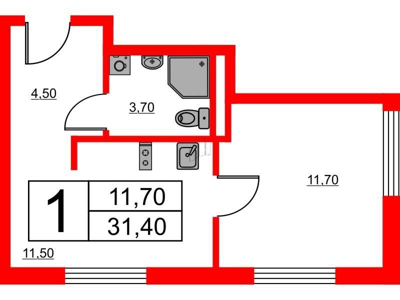 1-комнатная 31 м2 в ЖК Avenue Apart Пулково корпус null этаж 11