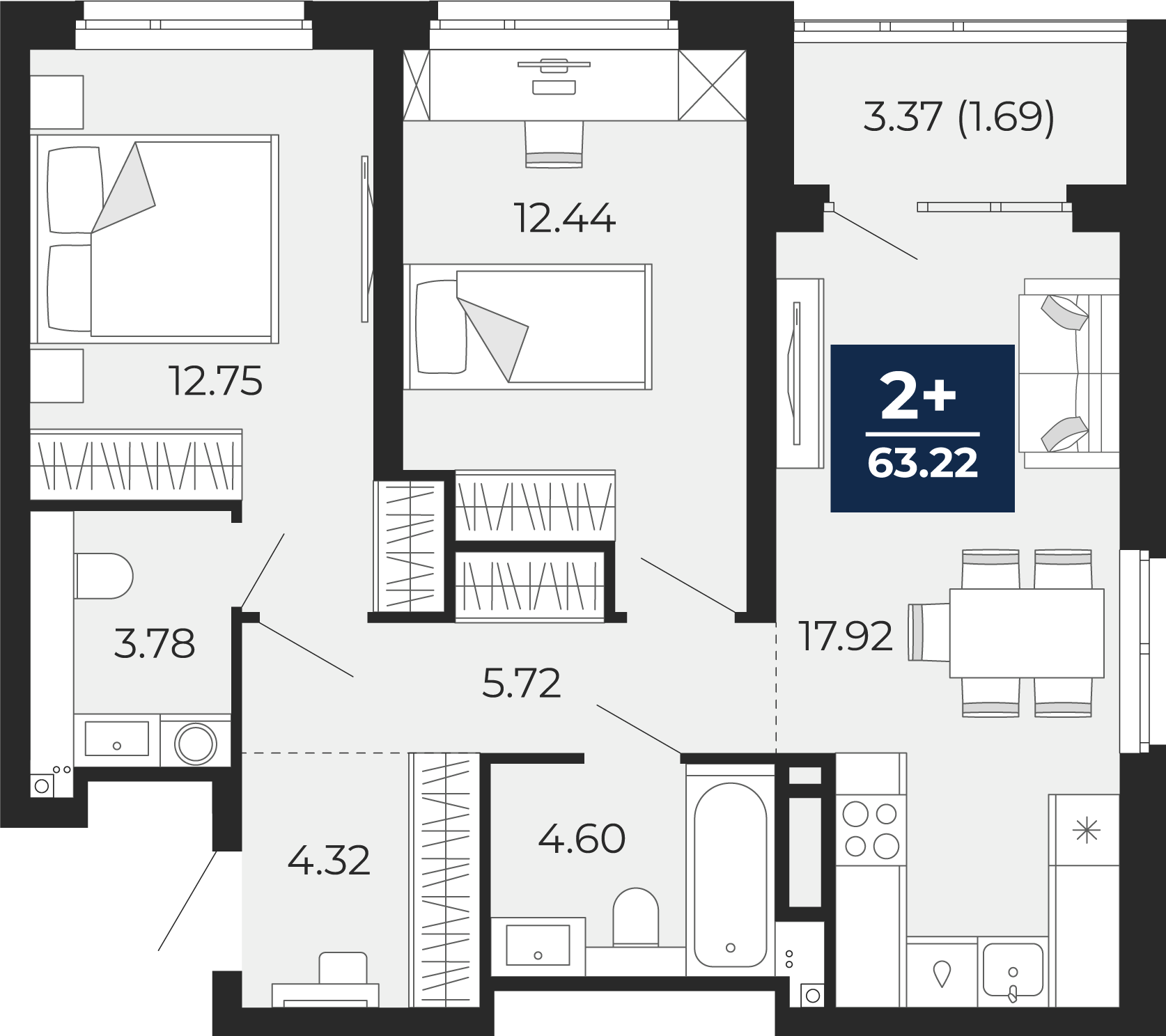 2-комнатная 61 м2 в ЖК Прео корпус null этаж 14