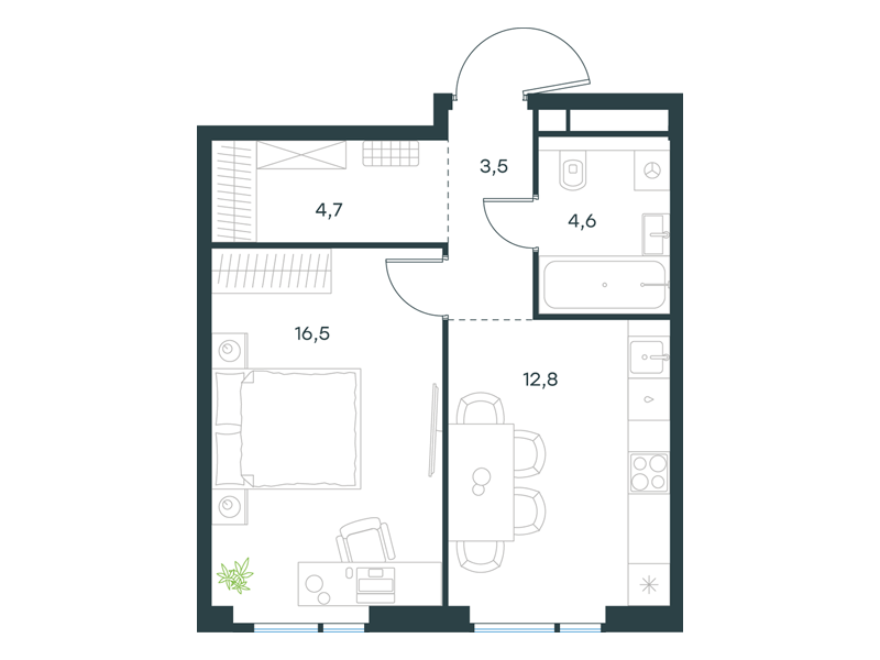 1-комнатная 42 м2 в ЖК Level Войковская корпус null этаж 4