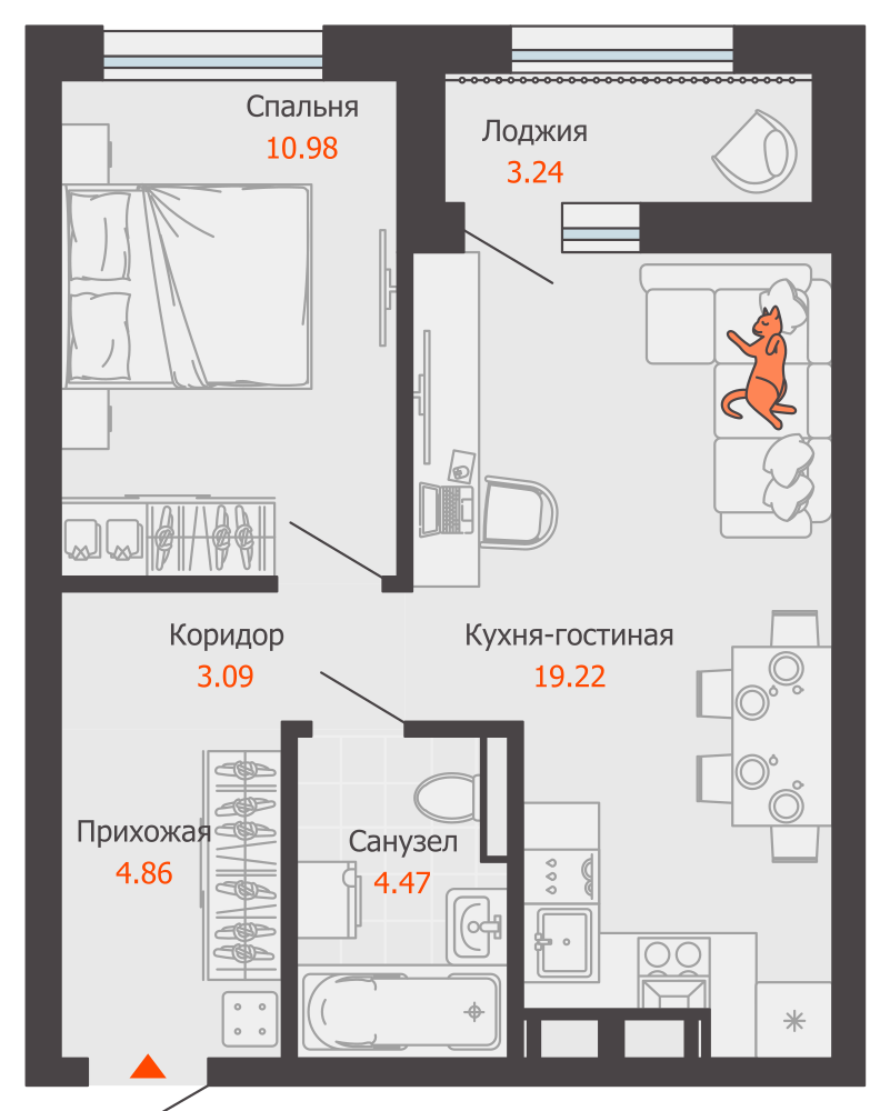 2-комнатная 44 м2 в ЖК Камаполис корпус null этаж 4