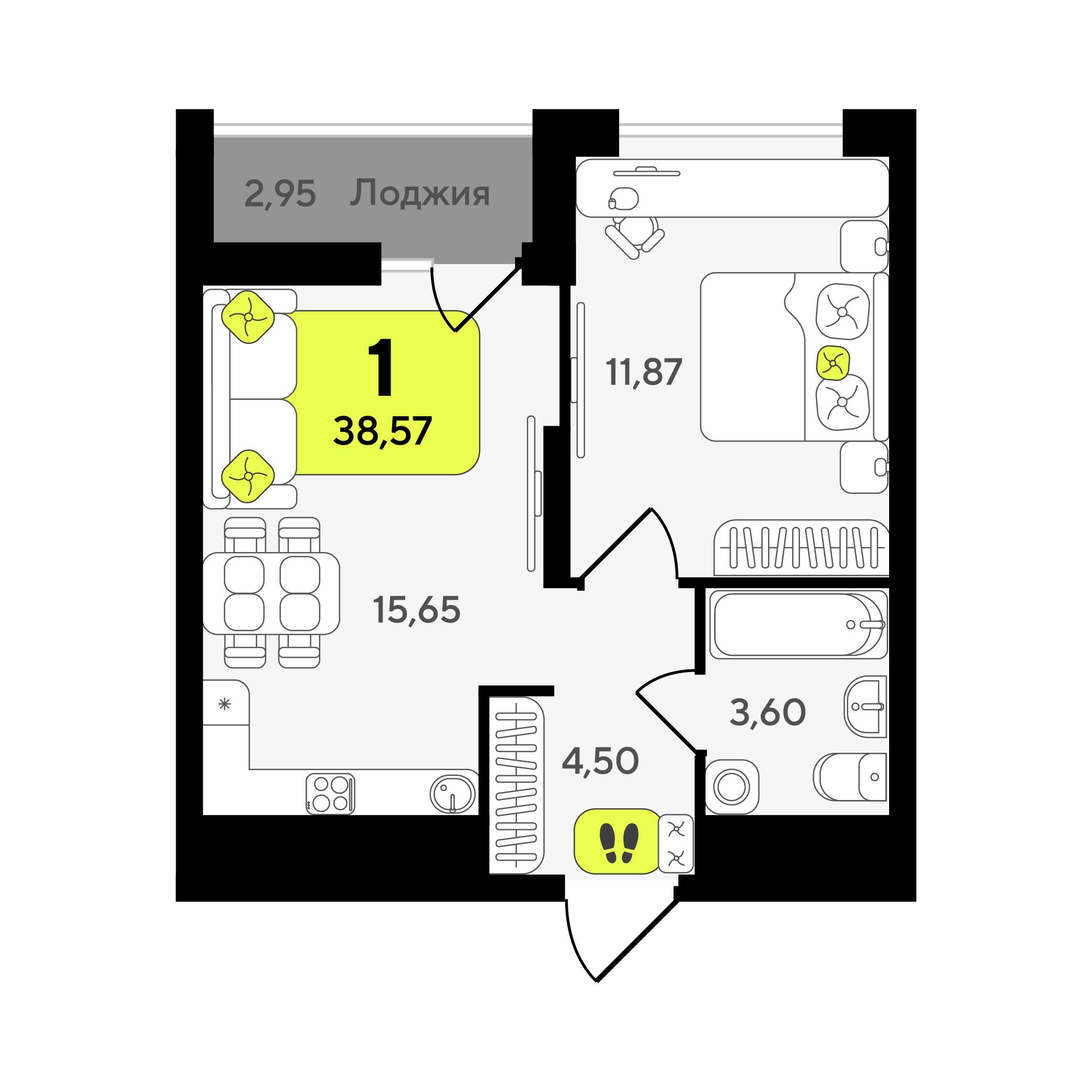 1-комнатная 38 м2 в ЖК Окинава корпус null этаж 8