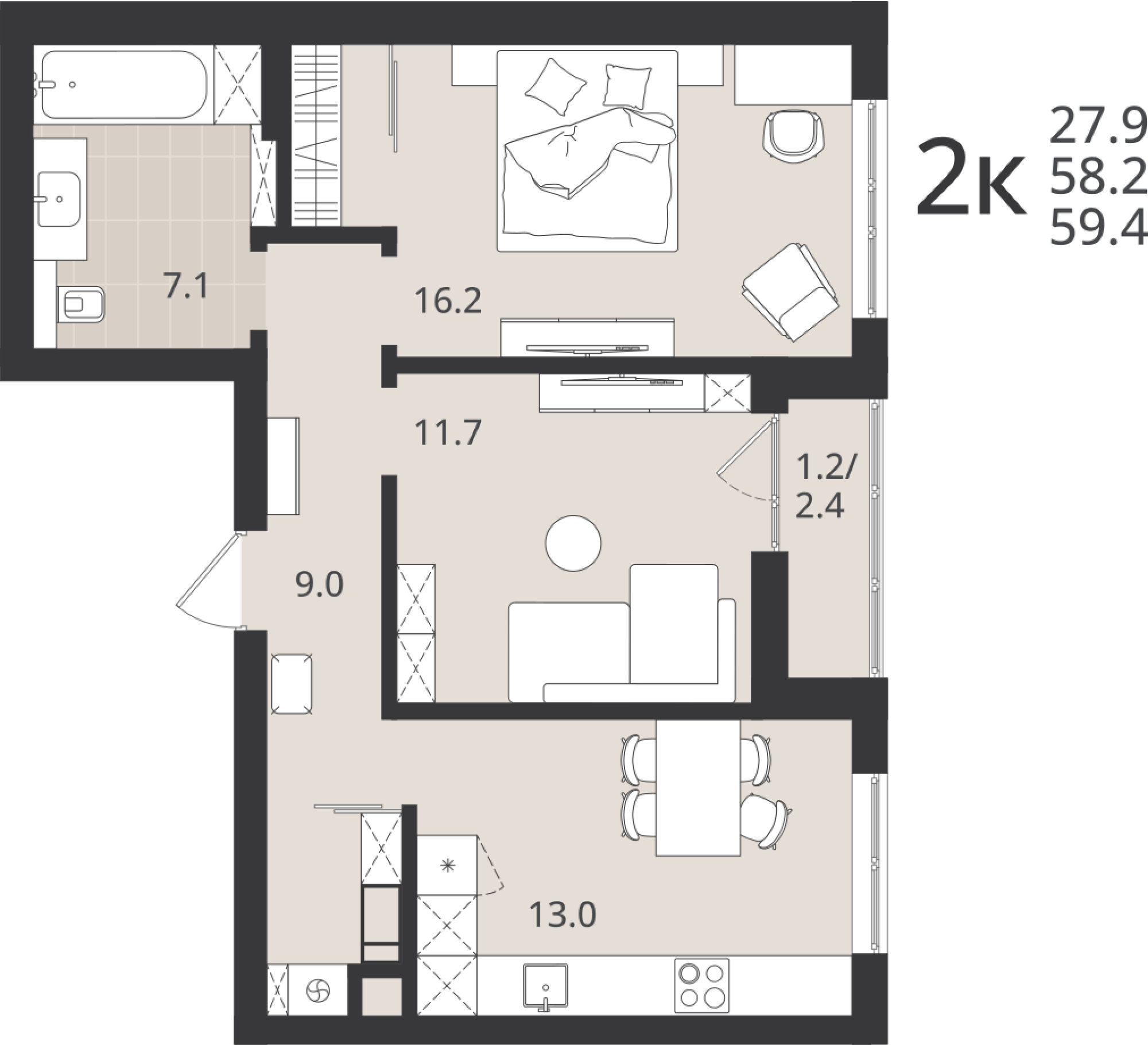 2-комнатная 58 м2 в ЖК Луччи корпус null этаж 1