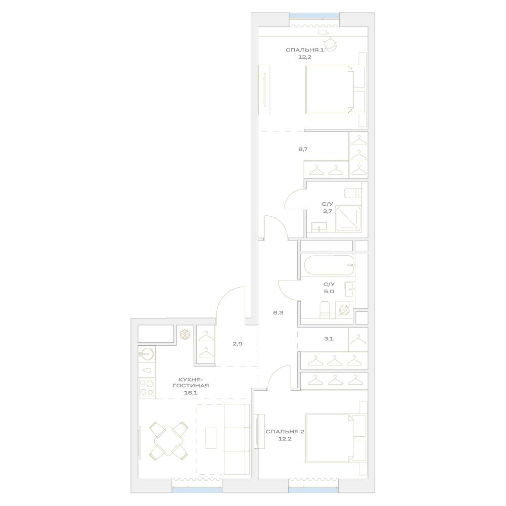 3-комнатная 71 м2 в ЖК Детали корпус null этаж 13