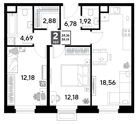 2-комнатная 59 м2 в ЖК EVO корпус null этаж 2