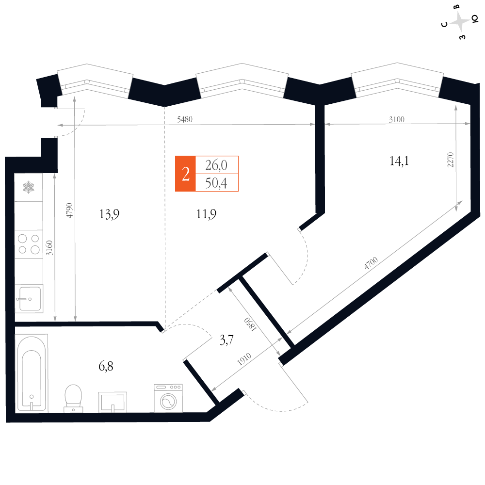 2-комнатная 50 м2 в ЖК Фордевинд корпус null этаж 6