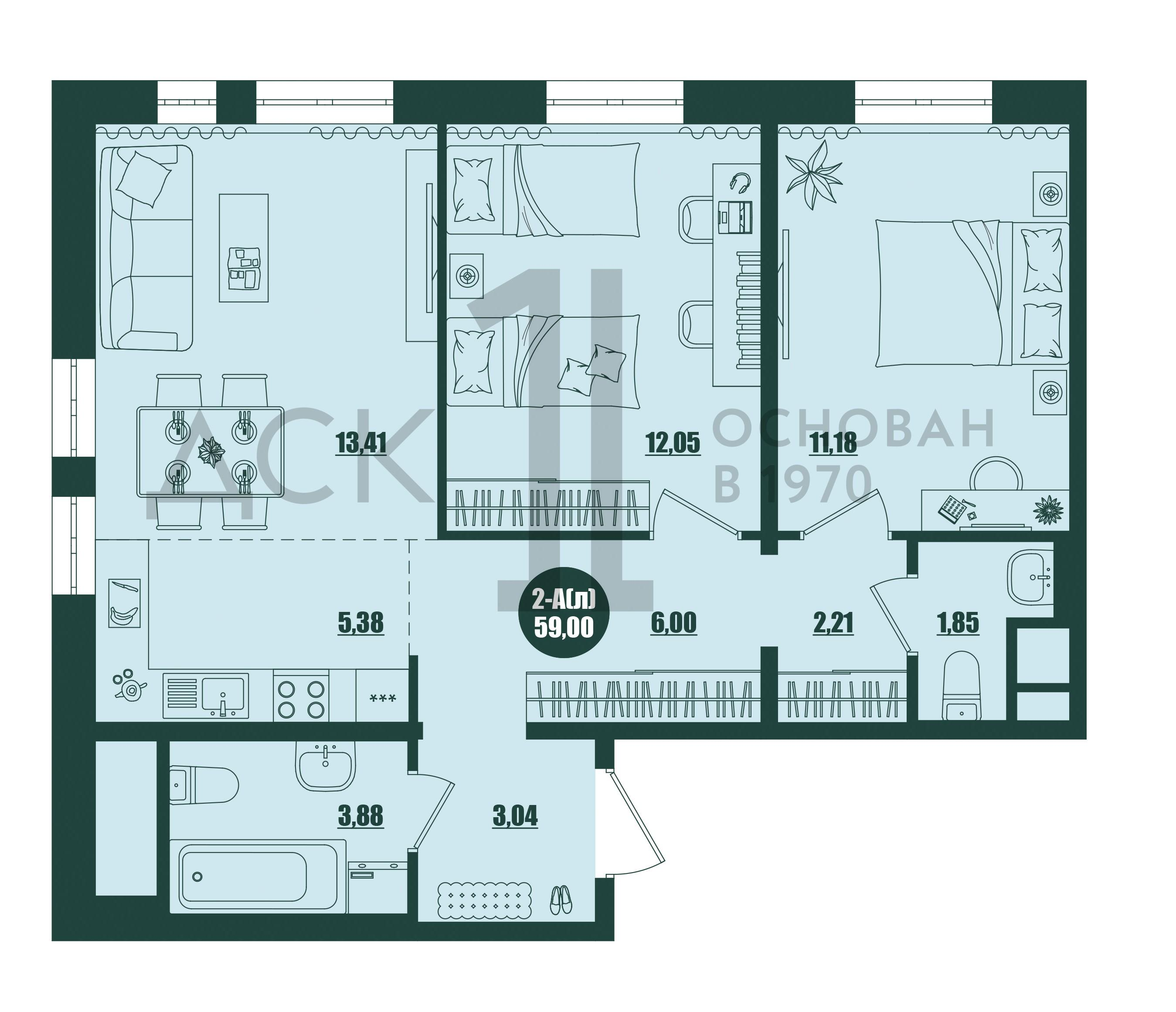 2-комнатная 59 м2 в ЖК Крылов корпус null этаж 13