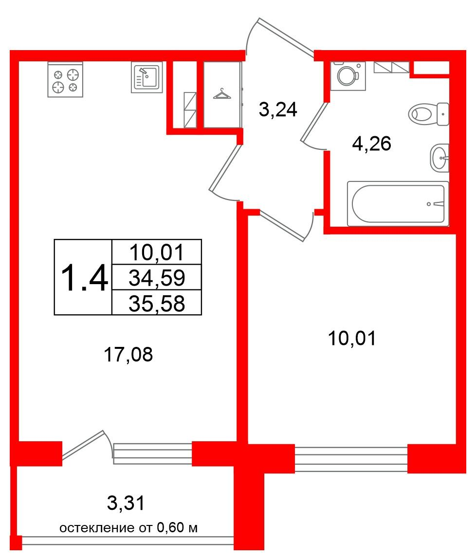 1-комнатная 34 м2 в ЖК Univer City корпус null этаж 3