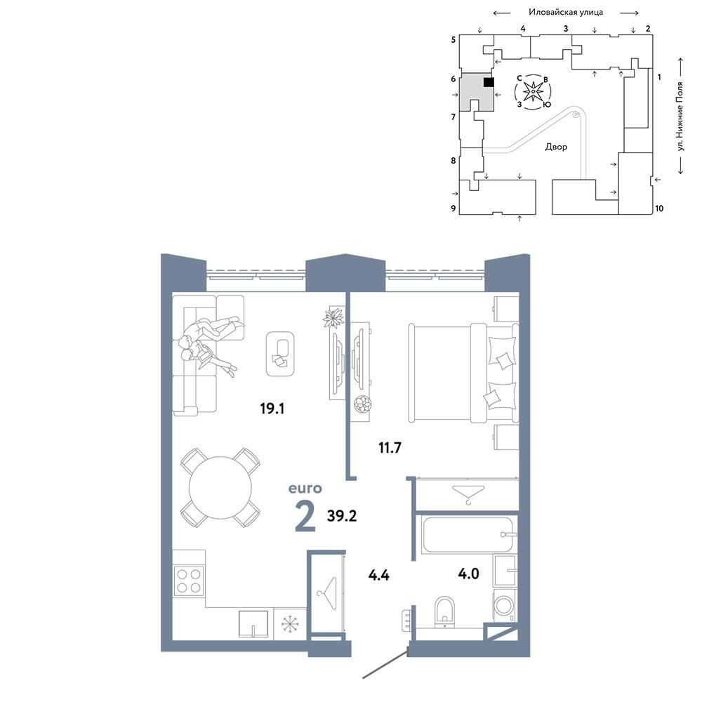2-комнатная 39 м2 в ЖК Страна.Заречная корпус null этаж 7