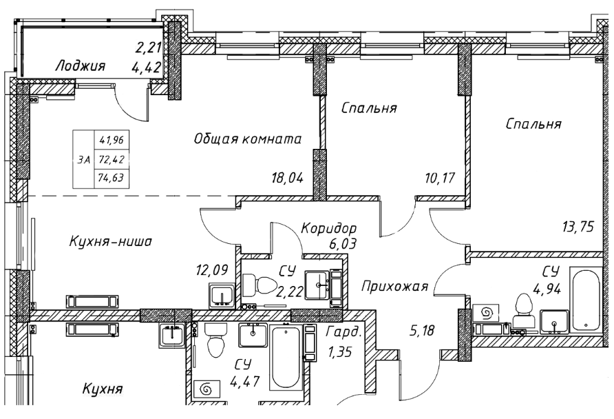3-комнатная 72.6 м2 в ЖК undefined корпус null этаж 11