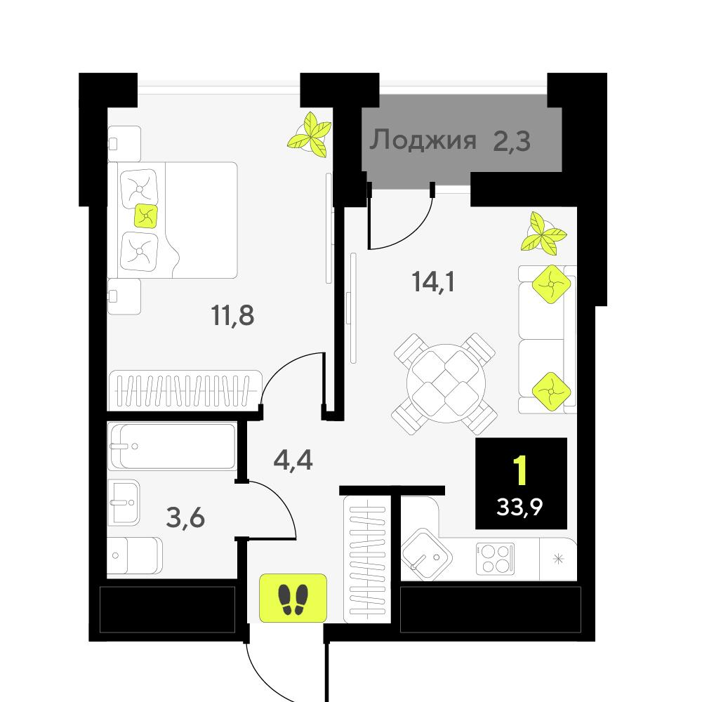 1-комнатная 33 м2 в ЖК Мотивы корпус null этаж 13