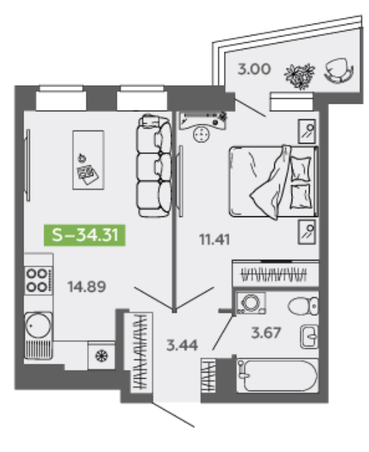 1-комнатная 33.4 м2 в ЖК undefined корпус null этаж 6