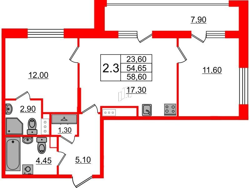 2-комнатная 54 м2 в ЖК Бионика Заповедная корпус null этаж 3