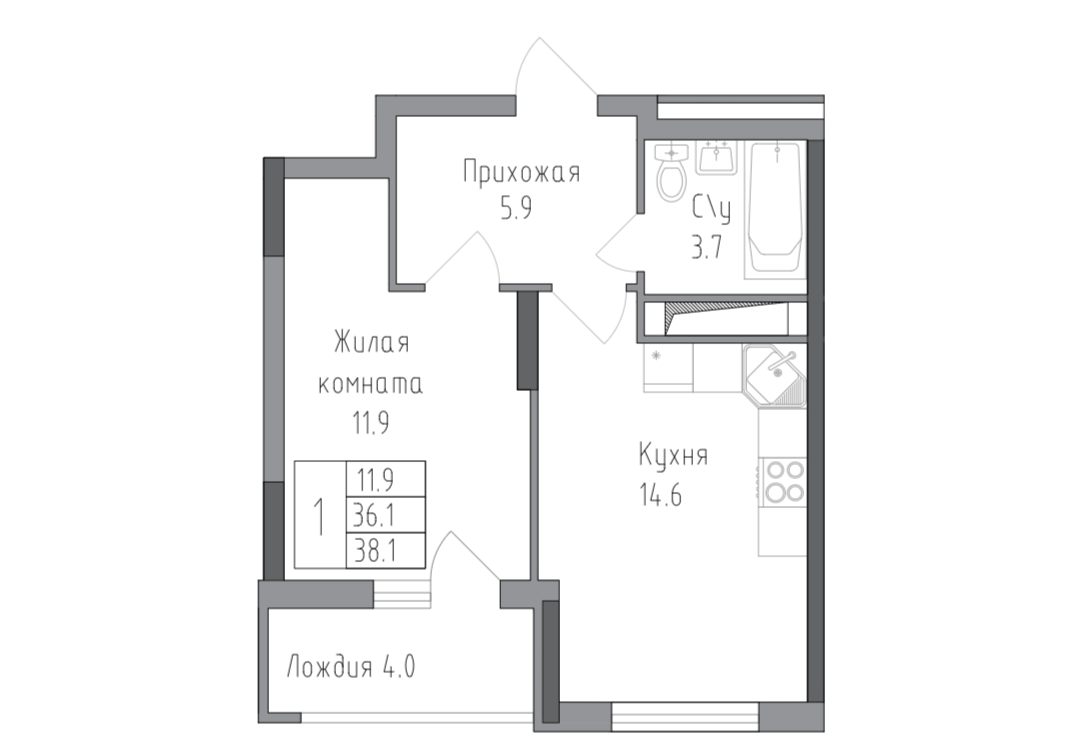 1-комнатная 38.2 м2 в ЖК undefined корпус null этаж 13