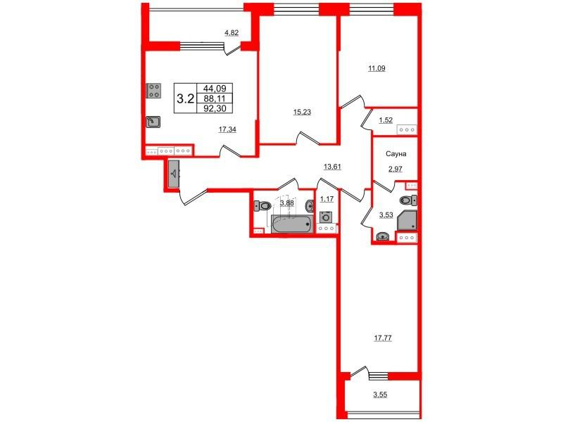 3-комнатная 88 м2 в ЖК Прайм Приморский корпус null этаж 9