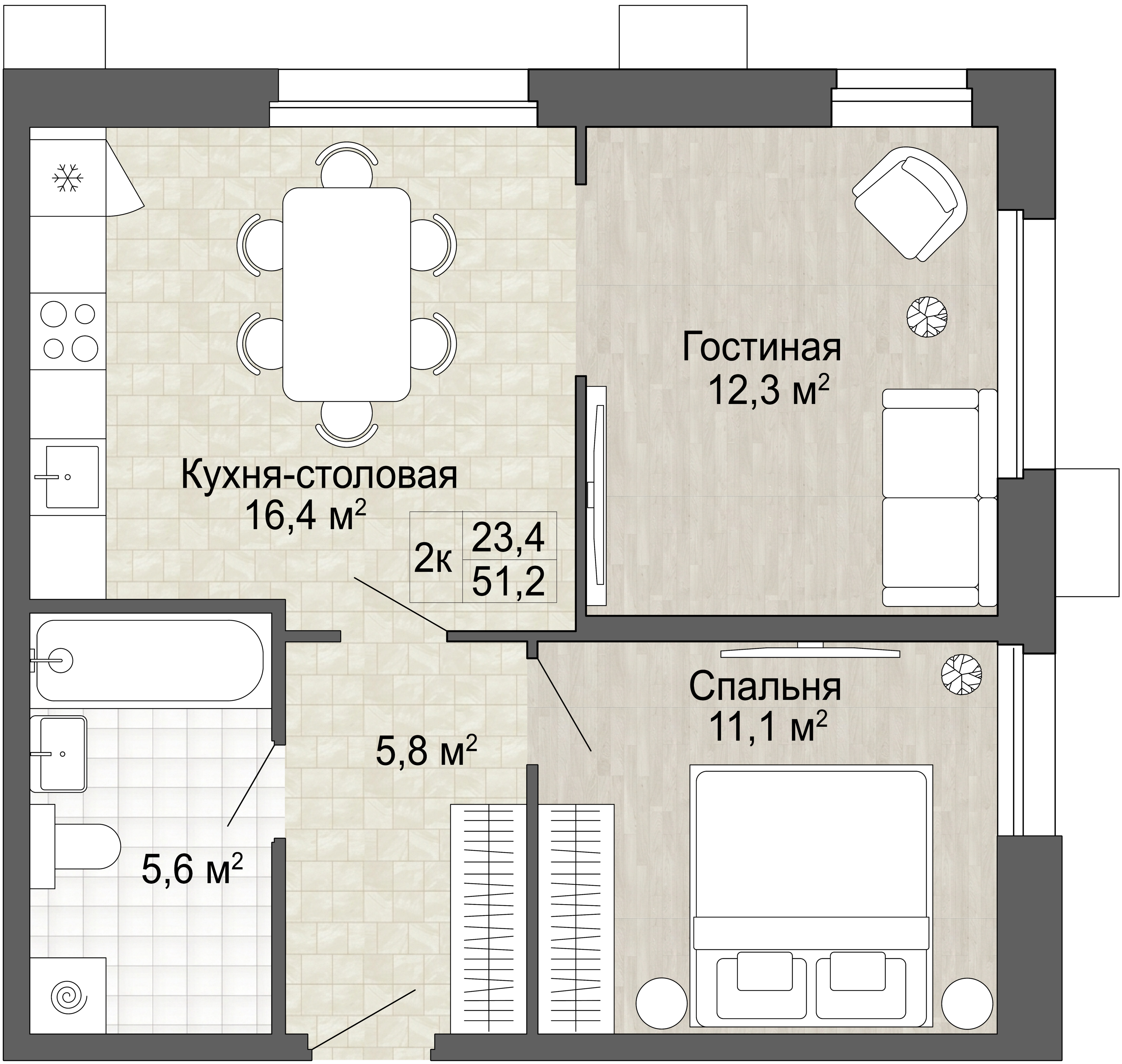 3-комнатная 51 м2 в ЖК Green 2 корпус null этаж 11