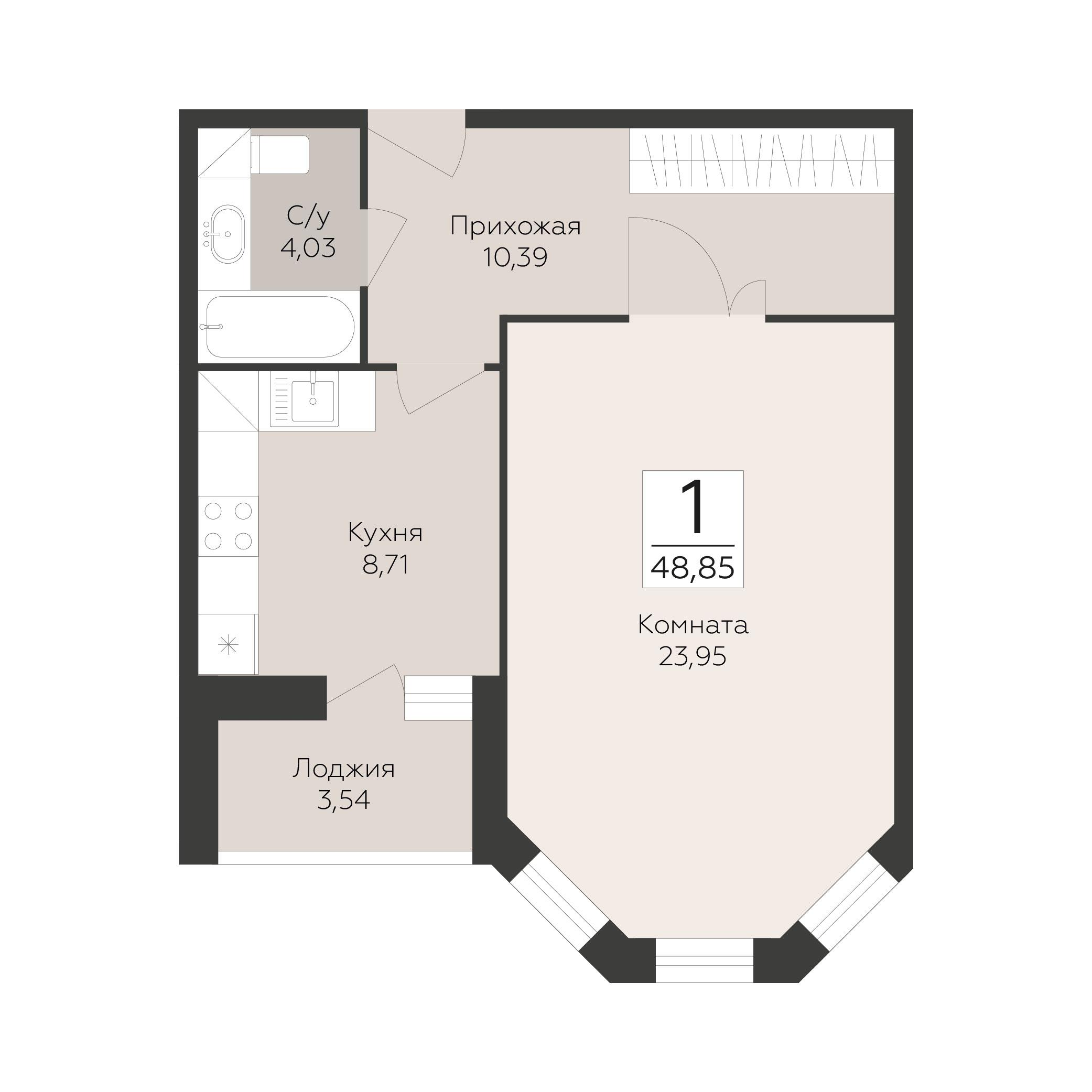 1-комнатная 48 м2 в ЖК Пахра Сити корпус null этаж 7