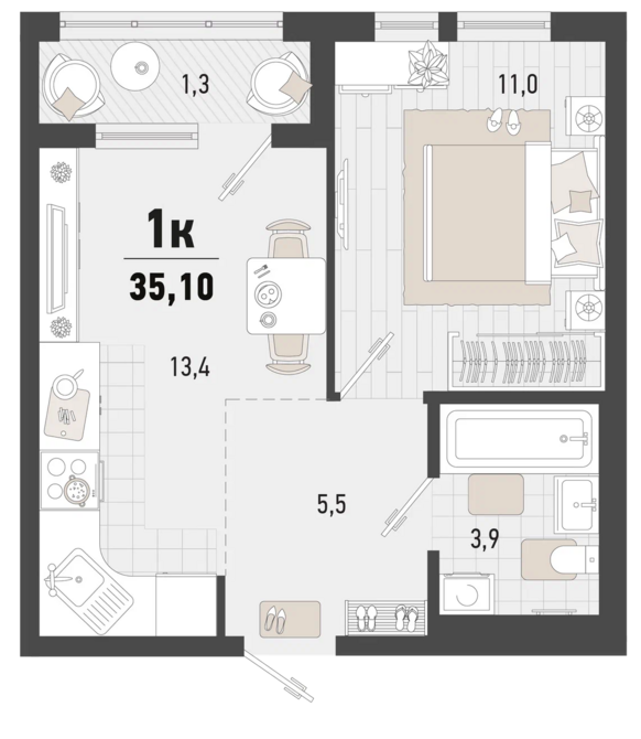 1-комнатная 35.1 м2 в ЖК undefined корпус null этаж 2