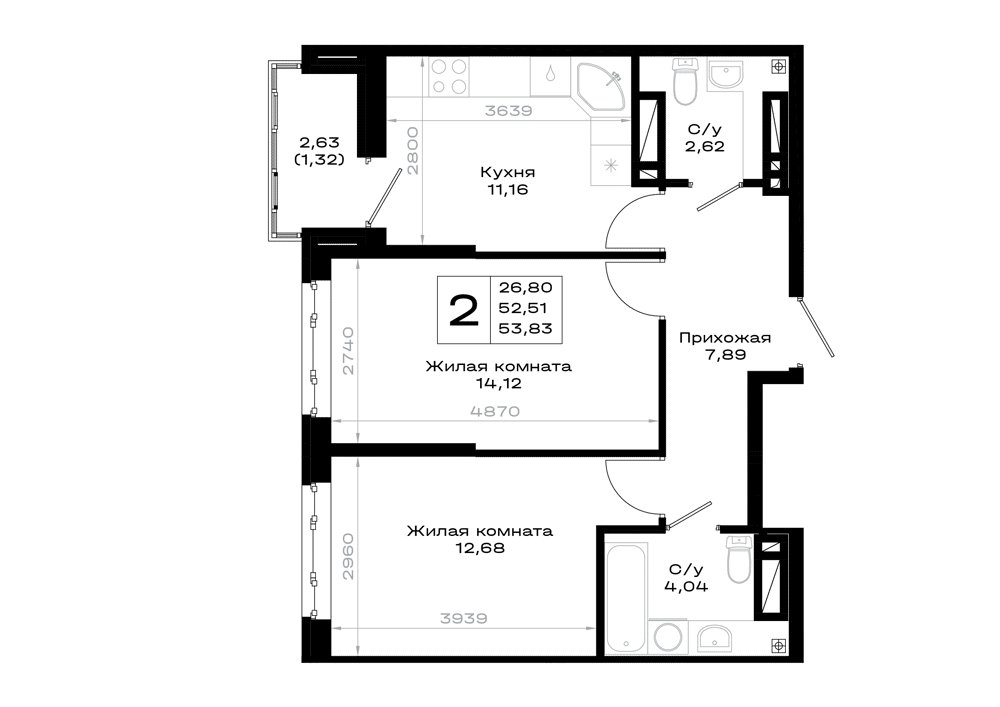 2-комнатная 53 м2 в ЖК Октябрь парк корпус null этаж 4