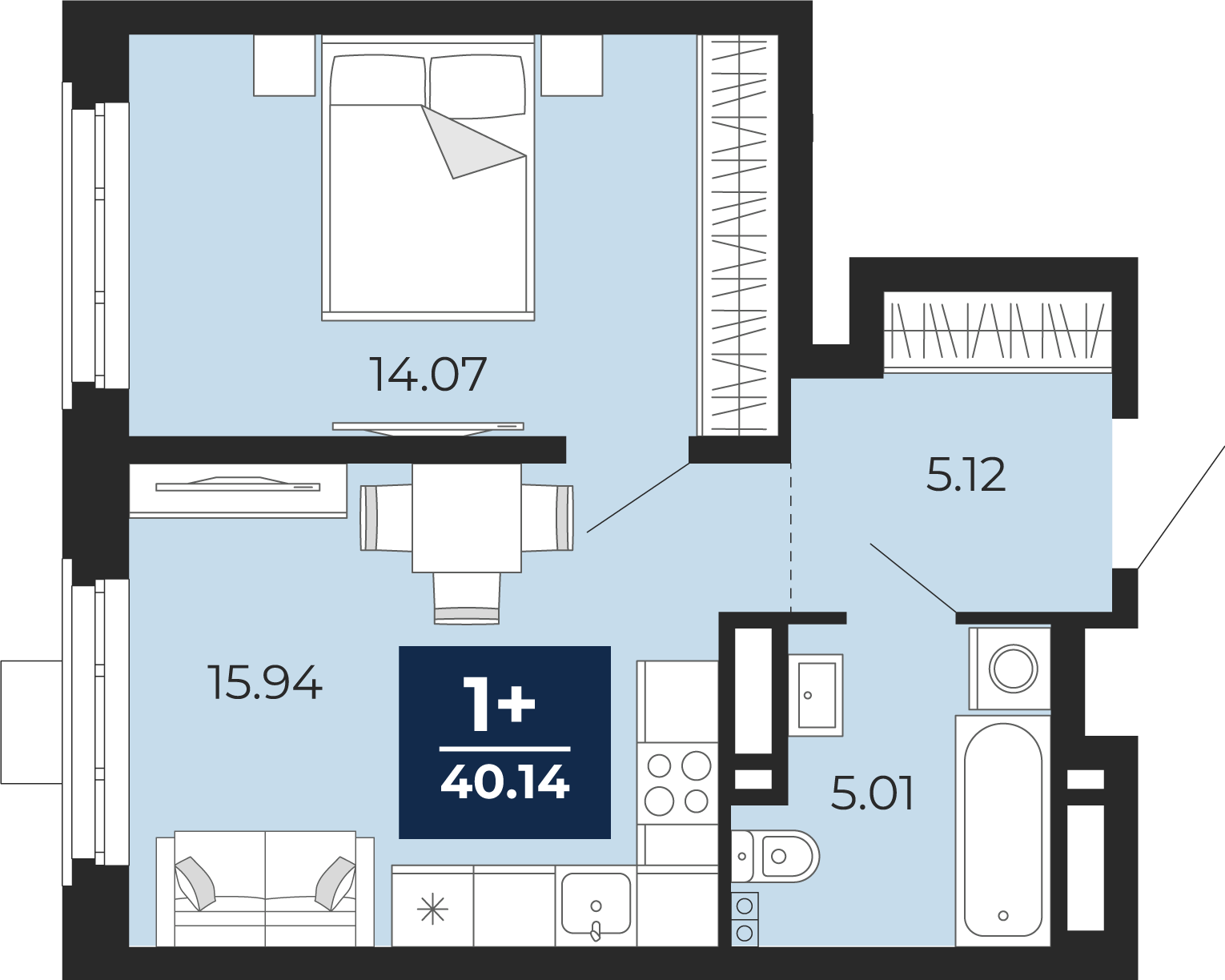 1-комнатная 40 м2 в ЖК Айвазовский корпус null этаж 10