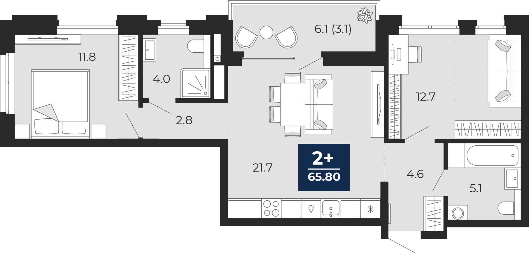 2-комнатная 62 м2 в ЖК Мириады корпус null этаж 14