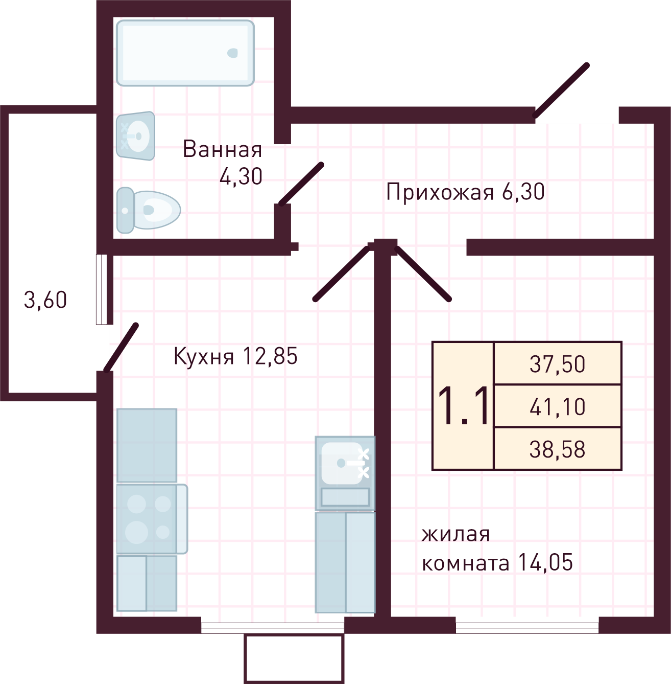 1-комнатная 38 м2 в ЖК Бетховен корпус null этаж 6