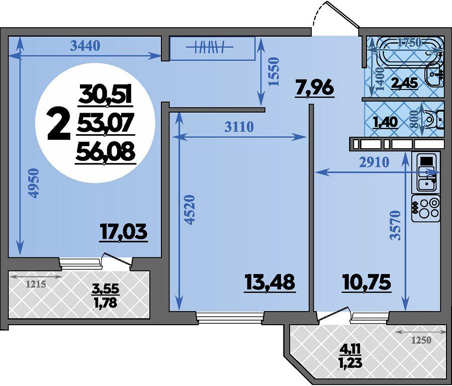 2-комнатная 56 м2 в ЖК Восточный корпус null этаж 5